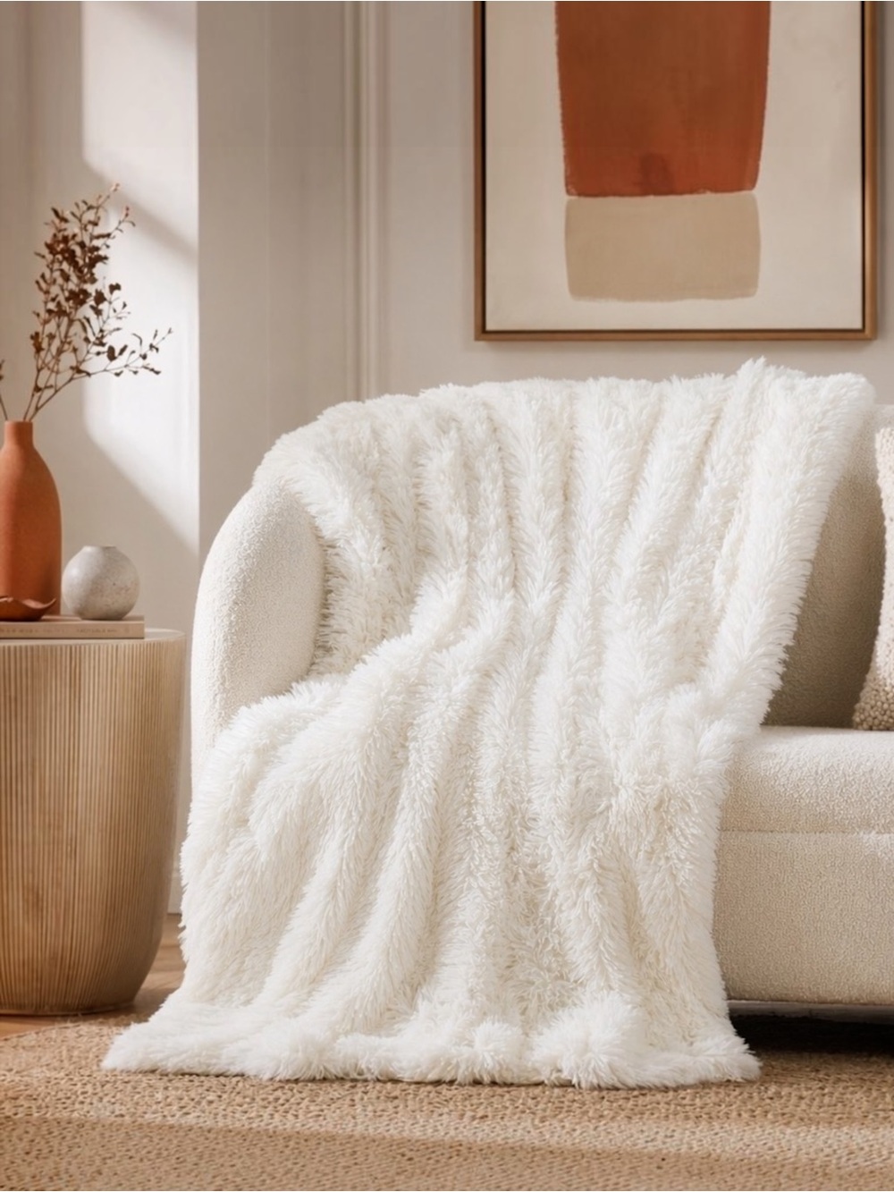 NEW West Elm Boho Beige Faux Fur Fuzzy Plush Throw Blanket Bedding - 50" x 60"